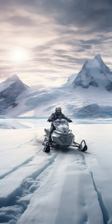 a snowmobile rider traverses a snow-filled terrain in the outdoors, creating a captivating scene reminiscent of a matte painting. the dark silver and light aquamarine colors add a touch of mystique to the exotic landscapes. this photograph by helene knoop showcases the streamlined design of the snowmobile, blending seamlessly with the environment. the image captures the essence of environmental portraiture, while the ivory tones addの素材