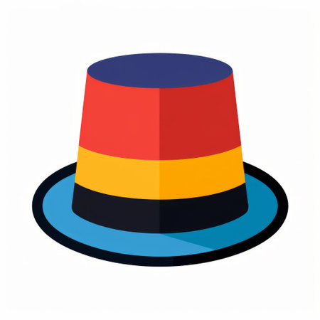 a hat icon is depicted in this vector illustration, set against a white background. the illustration showcases bold primary colors, with a dark sky-blue and orange palette. the style of the illustration is reminiscent of optical illusionist art, with elements of carnivalcore and flat forms. the overall aesthetic is inspired by late 19th-century visuals, reminiscent of the vibrant colors found in kodak colorplus film. aiの素材