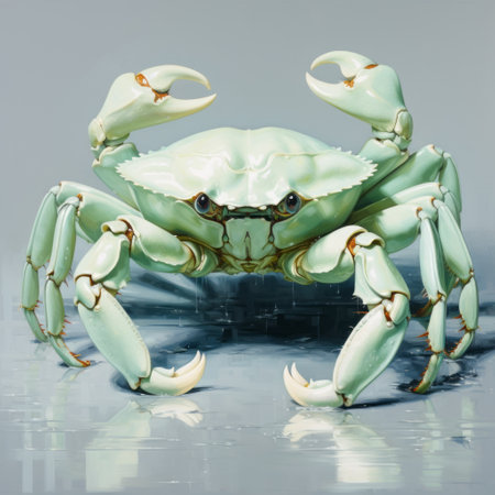 a blue crab, inspired by james bullough's style, is depicted sitting on water in this conceptual digital art piece. the painting showcases inventive character designs with light white and light green tones, reminiscent of victor nizovtsev's work. the artist's attention to detail is evident in the realistic and hyper-detailed rendering of the crab and the overall composition. animal figurines add an extra touch of creativityの素材