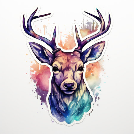 a deer sticker featuring watercolor paint and stripes, inspired by psychological phenomena illustrations and cosmic graffiti. the image showcases a realistic usage of light and color, with a dark sky-blue and light maroon background. the deer has a strong facial expression, with light orange and violet accents. this high-definition image captures the essence of the design. ai generatedの素材