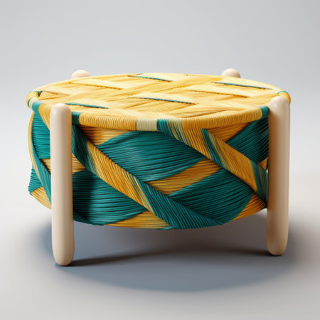 a woven basket made with yellow and blue woven wire, showcasing photorealistic renderings and mesoamerican influences. this unique piece, reminiscent of ottoman art, features a combination of light beige and turquoise colors. the varying wood grains add depth and texture to the lively tableaus captured within the basket. ai generatedの素材