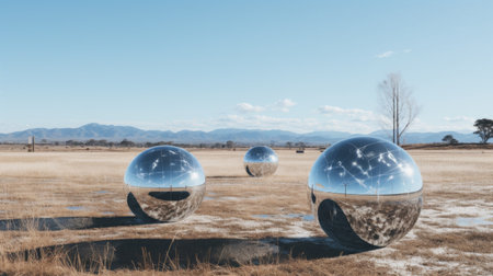 three white spheres, resembling chrome reflections, stand prominently in the middle of a field. these pop-inspired installations, located in rural china, create a striking contrast against the realistic blue skies. the solarizing master behind this artwork has skillfully captured impressive panoramas, showcasing the silver and bronze tones of the spheres. ai generatedの素材