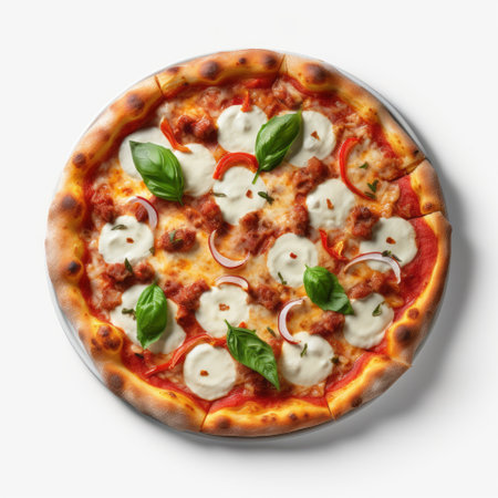 a pizza plate, in the style of caras ionut and basil gogos, is displayed on a white surface. this hyperrealistic still life, created using photobashing techniques, showcases a uhd image. the plate, adorned with white and silver accents, exudes a soft brushstroke realism. ai generatedの素材