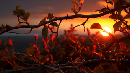 the photo showcases a stunning sunset scene with vines, leaves, and thorns. it is a high-quality, photorealistic image with ultra-sharp details. captured in 4k hd resolution, this highly realistic and highly detailed photograph has a cinematic feel. the black background adds depth and enhances the visual impact of the 16:9 aspect ratio. ai generatedの素材