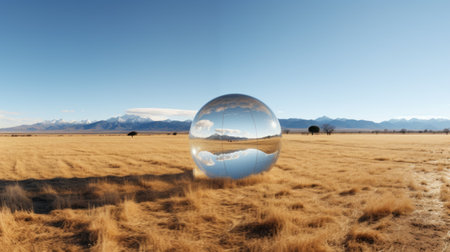 mountains with a large mirror placed amidst a field, resembling spherical sculptures. the mirror reflects the surrounding landscape, creating a hyper-realistic water effect. the image showcases minimalist aesthetics with a transparent and translucent medium. it is a high-definition (uhd) photograph capturing the beauty of the mountains, evoking a sense of farm security administration aesthetics. the color palette predominantly features light silver and gold tones. aiの素材