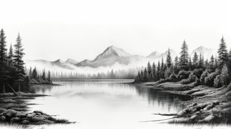 a black and white drawing of a mountain lake featuring snoopy, done in a realistic landscape style with soft edges. this 8k resolution artwork resembles a traditional oil painting, capturing a misty atmosphere reminiscent of bob ross's referential and romantic landscapes. ai generatedの素材