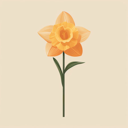 a single yellow daffodil, depicted in a simple flat style with light orange and light bronze hues. this hyper-realistic flower illustration is reminiscent of vintage-inspired designs and delicate constructions. the daffodil is beautifully highlighted with subtle shading, creating a graceful balance between the light orange and dark emerald tones. ai generatedの素材
