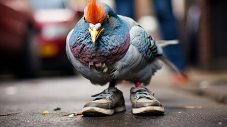 a pigeon with vibrant red and blue feathers is captured in this captivating photograph. the image showcases the unique style of working-class empathy, combining elements of breakdance photography, gray and emerald tones, tilt-shift lenses, shoe paintings, and candid photojournalism. it's no wonder this photo was a contest winner, as it beautifully merges various artistic elements into one striking composition. ai generatedの素材