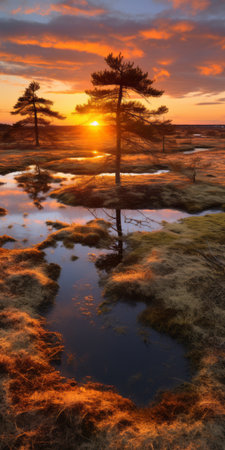 a serene and symmetrical tundra landscape at sunset, featuring a mound, trees, and water. this 32k uhd photo captures the beauty of traditional british landscapes, reminiscent of national geographic's stunning imagery. inspired by the time period between 1000-1400 ce, this photo exudes a calm and tranquil ambiance. ai generatedの素材