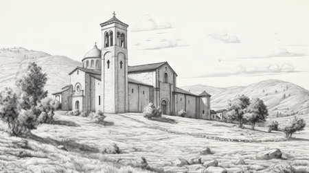 ecclesiastic church at turin, italy - a hand-drawn vector illustration capturing the essence of this romanesque architectural marvel. inspired by the hasselblad h6d-400c style, the artwork showcases expansive landscapes and realistic hyper-detail. with influences from the spanish school and the use of grisaille technique, this illustration beautifully represents the church's timeless beauty. (55 words), ai generatedの素材