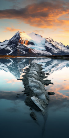 a serene and symmetrical landscape photo capturing a glacier at sunset, surrounded by a mound, trees, and water. this traditional british-style scene, inspired by national geographic, exudes calm beauty. shot in 32k uhd, the photo evokes the timeless allure of landscapes from the 1000-1400 ce period. ai generatedの素材