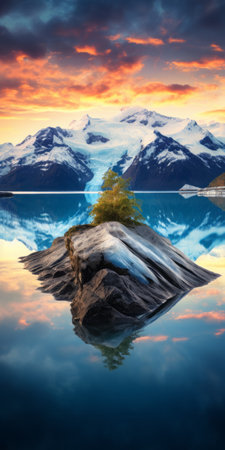 a serene and symmetrical landscape photo capturing a glacier at sunset, surrounded by a mound, trees, and water. this traditional british-style image in 32k uhd evokes a calm beauty reminiscent of national geographic photos. inspired by the landscapes of 1000-1400 ce, it showcases the timeless allure of nature's wonders. ai generatedの素材