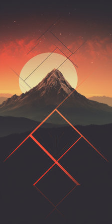 an abstract sunrise and moonscape on blue mountains, featuring geometric modernism in dark beige and red hues. this 8k resolution image showcases the artistic style of lyco art, influenced by swiss design. the nature-inspired imagery combines light black and orange tones, creating a captivating visual experience. ai generatedの素材