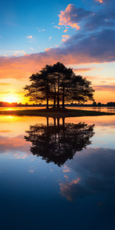a serene british landscape at sunset, featuring a mound, trees, and water. this 32k uhd photo captures the beauty of traditional landscapes, reminiscent of national geographic's stunning imagery. with symmetrical arrangements and inspiration from the period between 1000-1400 ce, this photo exudes a calm and tranquil ambiance. ai generatedの素材