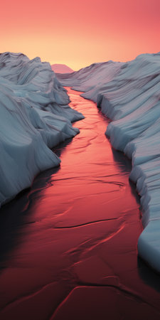 ice and snowfall create a stunning scene at a river waterfall in iceland. the nature view, reminiscent of kodak aerochrome, showcases the juxtaposition of hard and soft lines. the light red and navy colors add to the visual appeal. this environmental installation, inspired by artists like michael heizer and serge marshennikov, captures the unique terrain of northern china. ai generatedの素材