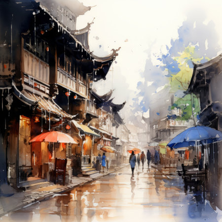 an umbrella hangs gracefully beside a glistening wet street, reminiscent of chinese watercolor art. this highly detailed image captures the essence of vernacular architecture and the vibrant colors of ink wash paintings. the gongbi technique brings out the intricate beauty of dazzling cityscapes, showcasing the unique terrain of northern china. ai generatedの素材