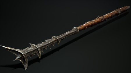 the long sword features intricate details and spikes, showcasing a realistic and hyper-detailed rendering. with a length that stands out, this 8k image captures the textural harmony of the deteriorated craftcore design. perfect for enthusiasts of furaffinity, this artwork impresses with its precise and captivating details. ai generatedの素材