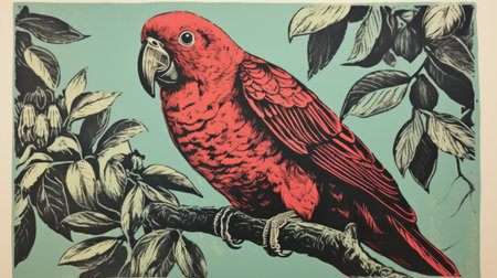 rooster keeler, the red parrot, is depicted in this photo in the style of linocut prints. the artwork showcases hyperrealistic wildlife portraits, with the parrot's vibrant red feathers contrasting against the dark aquamarine background. the image also features highly detailed foliage, reminiscent of winslow homer's work. native australian motifs and bold block prints add an extra layer of visual interest to the composition. ai generatedの素材