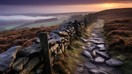 stone path leading through fog at sunrise, with a distant stream. this photo captures the essence of traditional british landscapes, featuring dark brown and orange hues. the rough hewn surfaces add a rustic charm to the scene. shot at iso 200, this national geographic photo showcases photo-realistic landscapes, emphasizing the long and deep distances. ai generatedの素材
