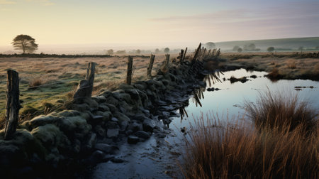 a picturesque scene of a grassy field with a fence, capturing the essence of sparkling water reflections and traditional british landscapes. the soft mist adds an ethereal touch to this national geographic photo, showcasing the beauty of nature. the melting pots of colors and textures create a captivating image with rough hewn surfaces, reminiscent of an associated press photo. ai generatedの素材