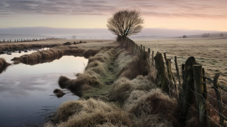 water flowing over a fence in a traditional british landscape style, creating soft and dreamy landscapes. the photo captures a cold and detached atmosphere, reminiscent of national geographic's stunning imagery. the spiky mounds add a unique touch to the scene, reminiscent of the dutch landscape, while the layered translucency adds depth and intrigue. ai generatedの素材