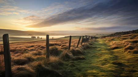 grassy pasture at sunrise, showcasing a british topographical style with layered and atmospheric landscapes. this captivating photo captures the essence of nature, featuring a fence that adds depth to the scene. winner of a contest, it showcases gravity-defying landscapes and vibrant colors. shot with an m42 mount, this image is a stunning representation of the beauty found in natural landscapes. ai generatedの素材