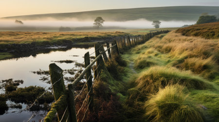 a misty country road winds through a grassy ridge, creating a serene and ethereal atmosphere. this uhd image captures the beauty of traditional british landscapes, with backlit photography enhancing the sparkling water reflections. the organic and flowing forms in this associated press photo evoke the artistic style of randolph caldecott. ai generatedの素材