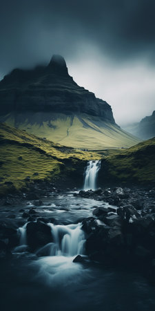 a stunning photograph of a waterfall cascading down with majestic mountains in the background. this captivating image, captured by johannes voss, showcases the beauty of nature. it has won the unsplashed contest and is a masterpiece of visual art. with a front-facing perspective, it evokes nostalgic vibes and is perfect as a high-quality 4k vertical wallpaper for your phone. the serene and sparsely populated icelandの素材