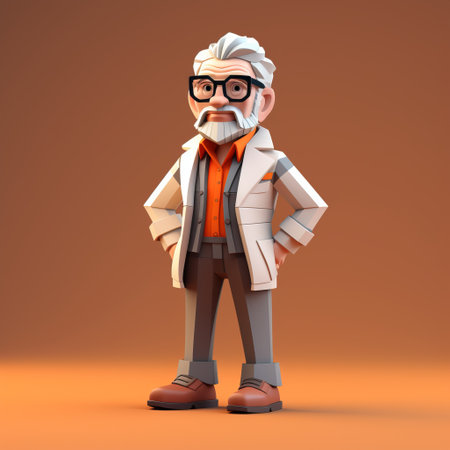 a high detailed 3d low-poly design showcases a senior writer character with minimalistic shapes and clean geometry. the design is optimized for efficiency and light weight, featuring sharp contrast and bold colors. with a 45-degree angle, the character is presented in high-resolution with fine details and realistic surface materials. the image is isolated with a white pastel background, enhancing the intricate detail and depth. aiの素材