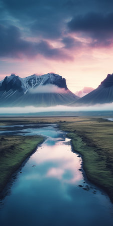 a stunning photograph captured by johannes voss, showcasing a marsh with majestic mountains in the background. this visually captivating image, which won the unsplash contest, combines elements of visual art and the beauty of iceland's steppe landscape. with a front-facing perspective, it exudes nostalgic vibes and can be used as a high-quality 4k vertical wallpaper for phones. the photo also reflects the sparsely populated natureの素材