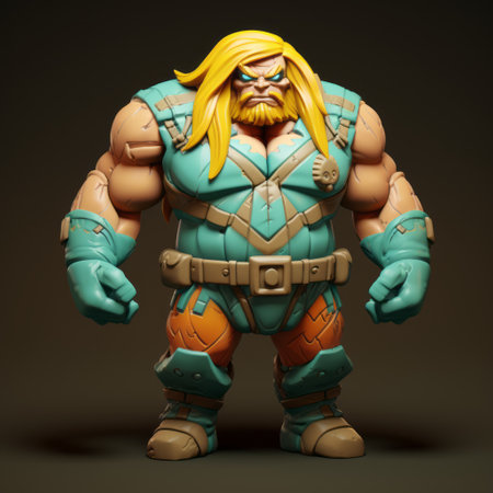 a yellow hero with long brown hair and blue eyes is depicted in this zbrush-style artwork. the image features colorful washes, stone textures, and elements of toycore. the color palette includes shades of dark turquoise and light orange, while volumetric lighting adds depth to the scene. the artwork also showcases heavy inking for added impact. ai generatedの素材
