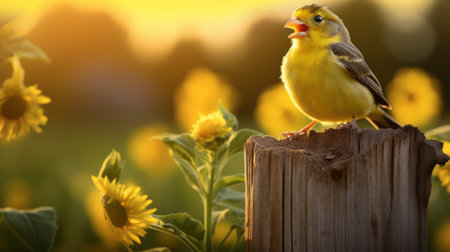 a brown bird perches on a wooden post against a backdrop of a sunflower field in this stunning backlit photograph by miki asai. the warm hues of light yellow and light magenta create a captivating contrast, enhancing the beauty of the scene. this 32k uhd image showcases the vibrant colors, making it a truly mesmerizing sight. ai generatedの素材
