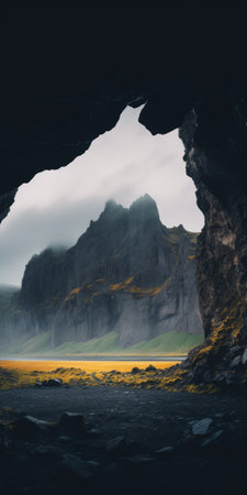 a stunning photo captured by johannes voss, showcasing a cave with majestic mountains in the background. this visually captivating image, which won the unsplash contest, combines elements of visual art and the beauty of iceland's savanna. with a front-facing perspective, it exudes nostalgic vibes and can be enjoyed as a high-quality 4k vertical wallpaper. the photo also reflects the sparsely populated nature of the location.の素材