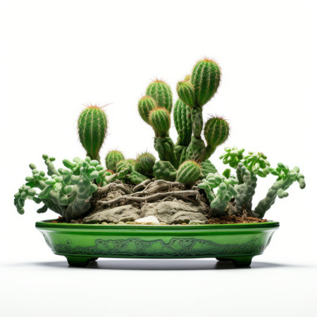 a green miniature landscape of cactus plants is showcased on a tabletop, reflecting the artistic style of mote kei. the composition exudes classical balance and a sense of precariousness. this associated press photo captures the realistic and hyper-detailed renderings of the cacti, which are beautifully displayed in decorative vessels. the overall aesthetic pays homage to the art of burma. ai generatedの素材