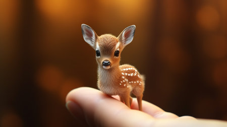 a cute, young deer is captured in a close-up photo, sitting on top of a person's finger. this photorealistic painting by aleksander gierymski showcases the intricate and highly detailed 8k artwork. with bokeh effects and rendered in keyshot, this epic concept art portrays a tiny and adorable creature, making it the cutest portrait of a small deer. ai generatedの素材