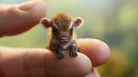 a cow, rendered in keyshot, sits on top of a person's finger in this close-up photo. this photorealistic painting by aleksander gierymski showcases an epic concept art with intricate details and bokeh effect. the cute little creature, very tiny and young, is portrayed in a highly detailed 8k portrait, making it one of the cutest and most captivating images. ai generatedの素材