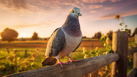 an avian pigeon perches gracefully on a fence, against a backdrop of richly colored skies in shades of light magenta and light gray. the softbox lighting enhances the bird's features, while innovative techniques and post-processing bring out the vibrant hues of light navy and bronze. the image captivates with its clear edge definition. ai generatedの素材