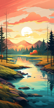 a cartoon illustration featuring a stunning sunrise over a serene stream. this artwork captures the essence of realistic landscape paintings with its warm color palette and expansive whistlerian style. the illustration showcases a picturesque scene, combining the beauty of nature with the charm of cartoon illustration. ai generatedの素材