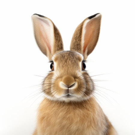 a mesmerizing optical illusion-style photo of a rabbit sitting on a white background, captivatingly looking at the camera. the colorized image showcases light amber and beige tones, creating an elegant and emotive atmosphere. this meticulously detailed national geographic contest-winning photograph beautifully captures the rabbit's expressive face. ai generatedの素材