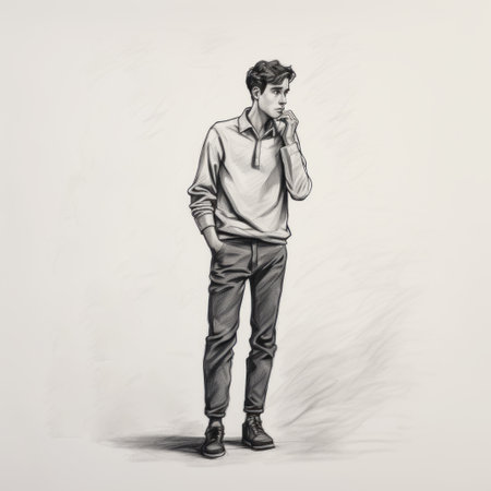 a black ink drawing of christopher, standing in a thoughtful pose, wearing a curious expression on their face. above them, a question mark hovers, symbolizing their contemplation. the detailed illustration showcases christopher's full body, capturing their introspective nature. ai generatedの素材