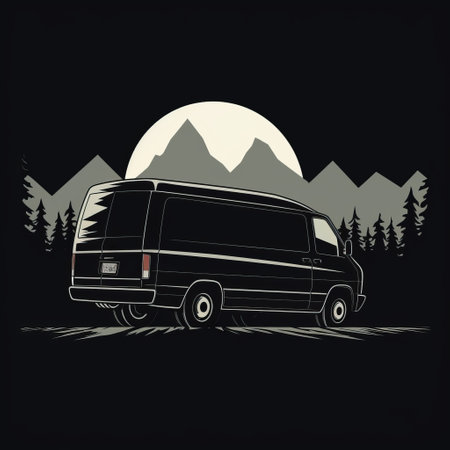 a minimalistic black and white illustration featuring the side silhouette of a van. the solid black background enhances the simplicity of the design. the van is depicted using clean, distinct lines, creating a striking outline. the absence of shading or gradients emphasizes the stark contrast between black and white, accentuating the van's shape. ai generatedの素材