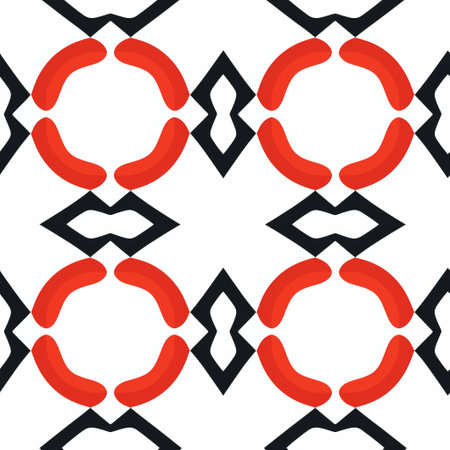 a wallpaper pattern featuring bold red and white geometric shapes, reminiscent of the classic orange and black style. the design showcases minimalistic symmetry with organic shapes and curved lines. the use of bold primary colors creates a visually striking effect. the pattern incorporates elements of sgrafitto and classical symmetry, resulting in a captivating inlay design. ai generatedの素材