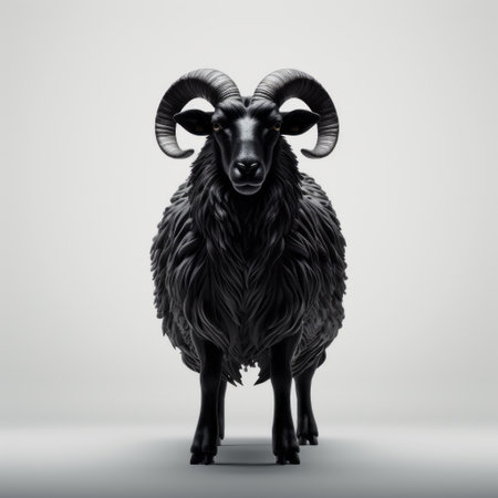 a black goat with black horns is depicted in this 3d render, inspired by the artistic styles of petros afshar, aries moross, national geographic photography, and martin creed. the image showcases minimal retouching and a monochromatic color scheme, while also featuring highly detailed illustrations. ai generatedの素材