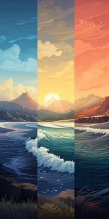 a stunning ocean and sky wallpaper featuring graphic novel inspired illustrations. the multi-panel composition showcases isolated landscapes with mountainous vistas and naturalistic ocean waves. the warm color palette adds to the landscape realism, making it a perfect choice for those who love hd wallpapers with a touch of artistic flair. ai generatedの素材