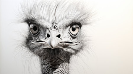 ostrich: a graphite and pencil drawing with an elegant and emotive face, rendered in the style of cinema4d. this national geographic photo showcases a strong facial expression and energy-filled illustrations. the 8k resolution captures the intricate details of the monochromatic palette. ai generatedの素材