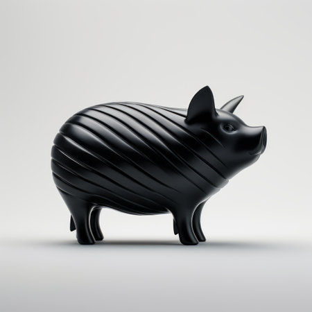 a black pig statue with a black outline on a grey background, featuring stripes and shapes in an industrial and product design style. this 8k 3d sculpture showcases curvilinear forms and embodies a zen minimalism aesthetic. crafted using liquid metal, it exudes a unique ambrotype-like appearance. ai generatedの素材