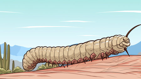 the creepy crawler, depicted in a cartoony style, stands in the desert against a backdrop of cacti. this image, inspired by linear perspective and 2d game art, resembles a hanging scroll panorama. the illustration captures the essence of spencer tunick's work, creating a unique and intriguing visual experience. ai generatedの素材
