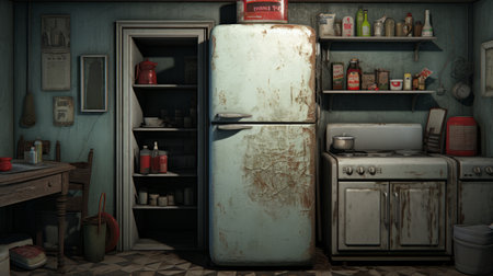 a green garage featuring an old refrigerator, pantry, and table, designed in the style of unreal engine 5. this poignant still life captures the essence of a kitchen, with its dark white and red color scheme. the image showcases blink-and-you-miss-it details, highlighting the soggy atmosphere and spot metering technique used. ai generatedの素材