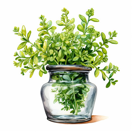a glass container filled with green plants, resembling realistic watercolor paintings. the plants are depicted in a colored cartoon style, inspired by artists such as basil gogos, arabesque, and echo chernik. the artwork showcases a detailed rendering with naturalistic poses. ai generatedの素材