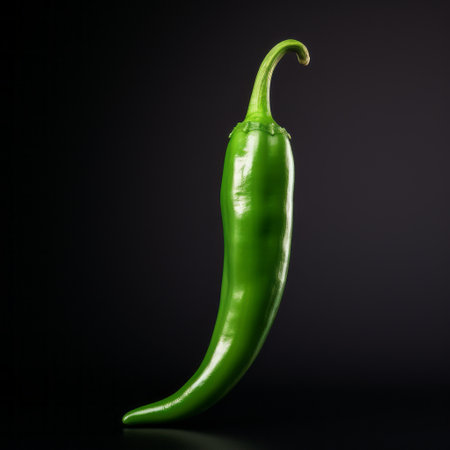 a green chili pepper is showcased against a black background, resembling hyper-realistic sculptures. this uhd image captures the essence of artists like richard serra, william james glackens, and peter coulson. the use of glass as a material adds a unique touch to this spanish school-inspired composition. ai generatedの素材